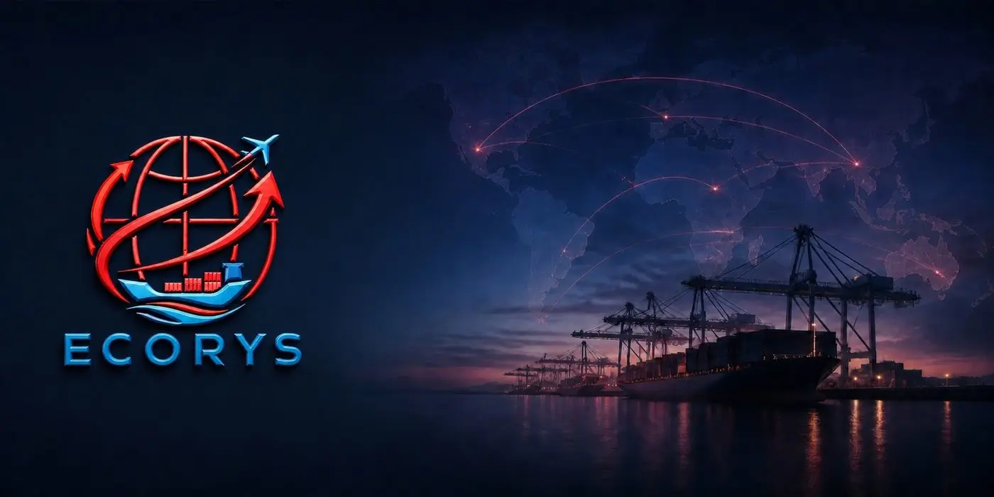 Bannière ECORYS : logo en relief sur un port à la nuit tombée, porte-conteneurs et routes mondiales